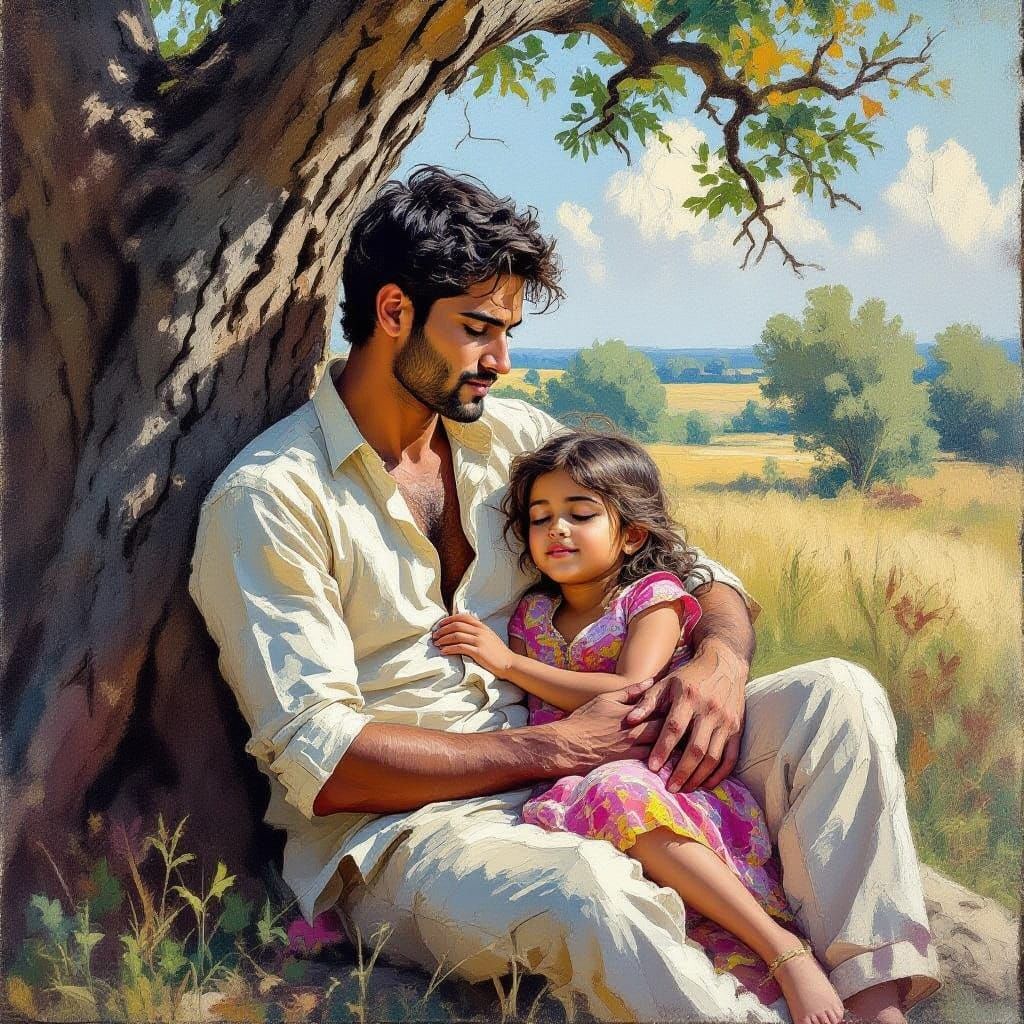 Vintage Painting of Man Holding Girl, Impressionist Style