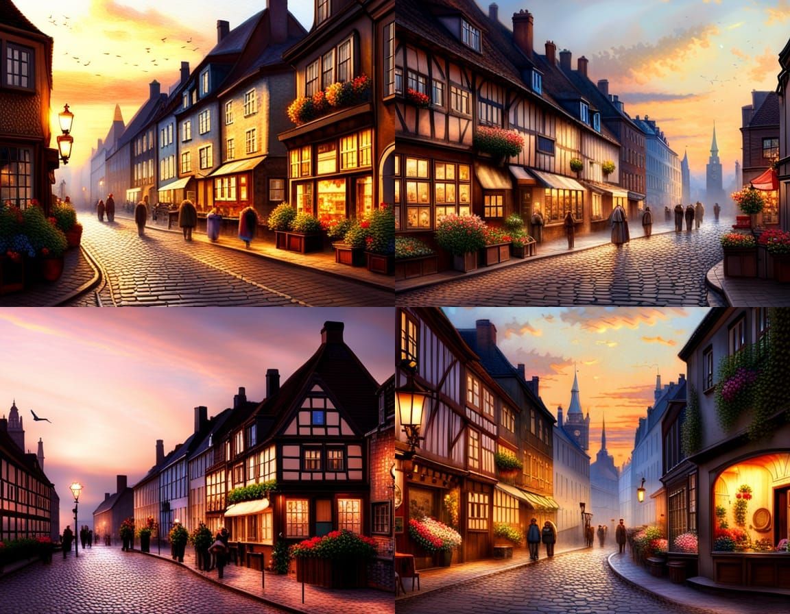 6th Century Copenhagen street with flowers floral shrubs at early evening  lighting in the style of Thomas Kinkade Epic ...