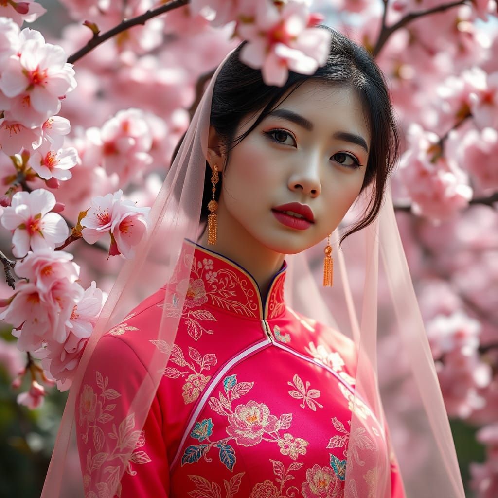 Woman in Neon Embroidered Silk Cheongsam Dress