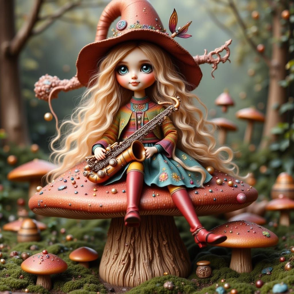 Blonde Doll Witch on Mushroom Playing Saxophone