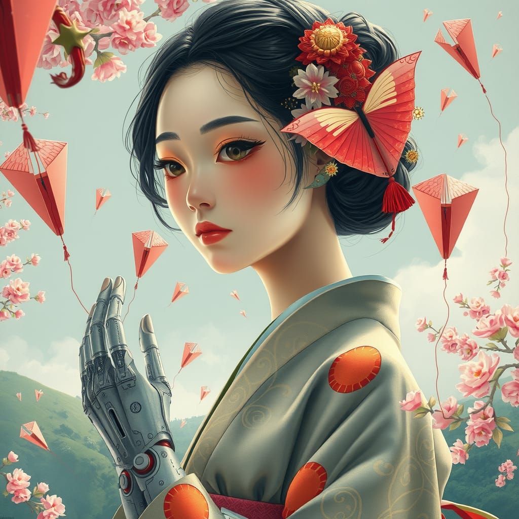 Japanese Woman with Robotic Hands Flying Kites