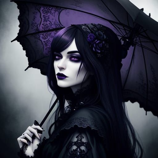 Gothic Woman Sheltered by Umbrella: Dark Romanticism