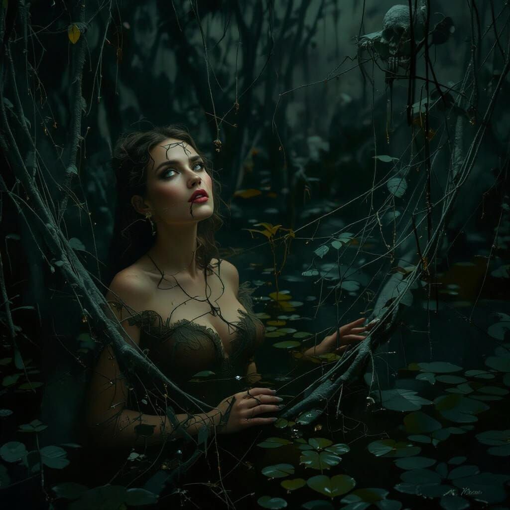 Monk Art Portrait of Woman in Dreamlike Swamp