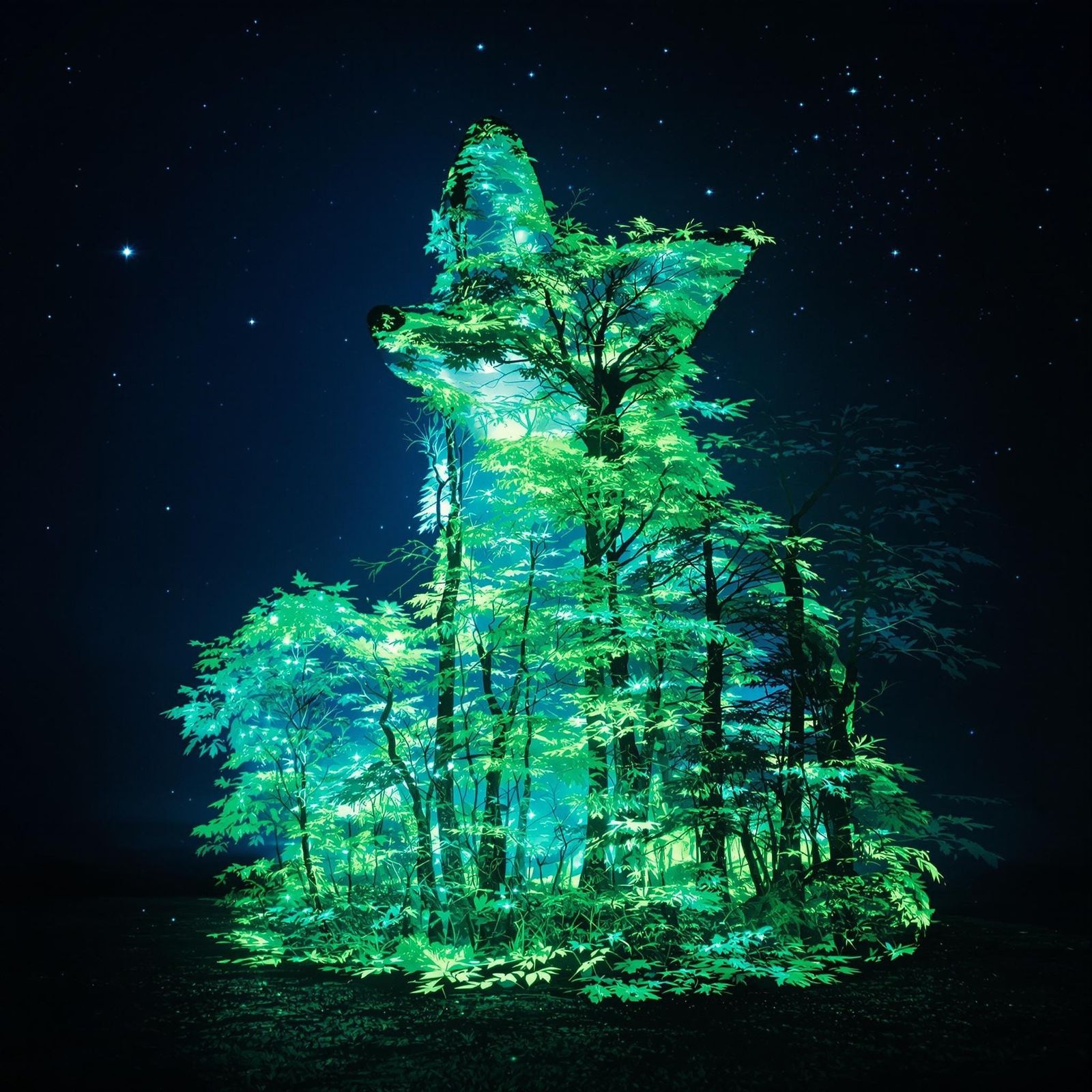 Bioluminescent Forest Fox Double Exposure Portrait