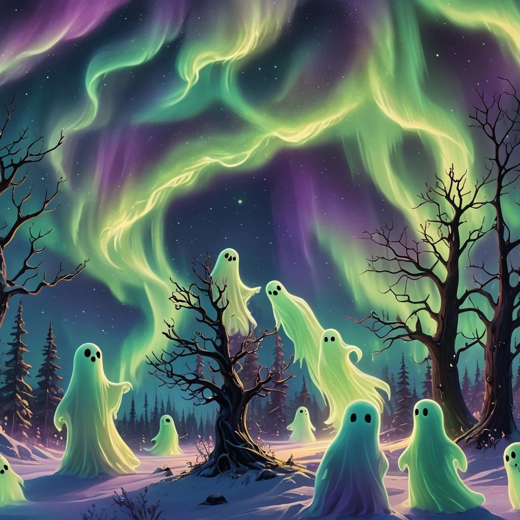Cute Ghosts Play in Northern Lights: Surreal Art