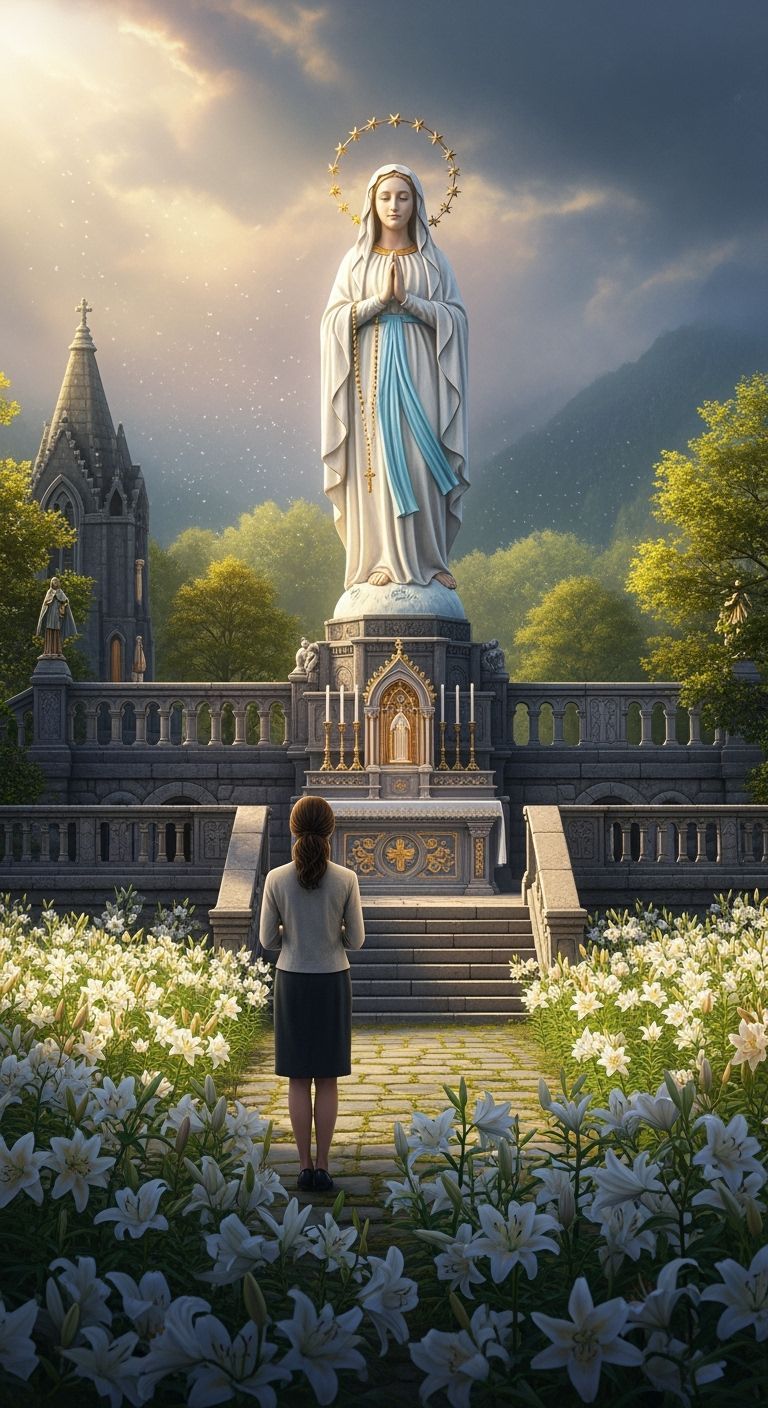 Contemplative Prayer Before Our Lady of Lourdes Statue Amids...