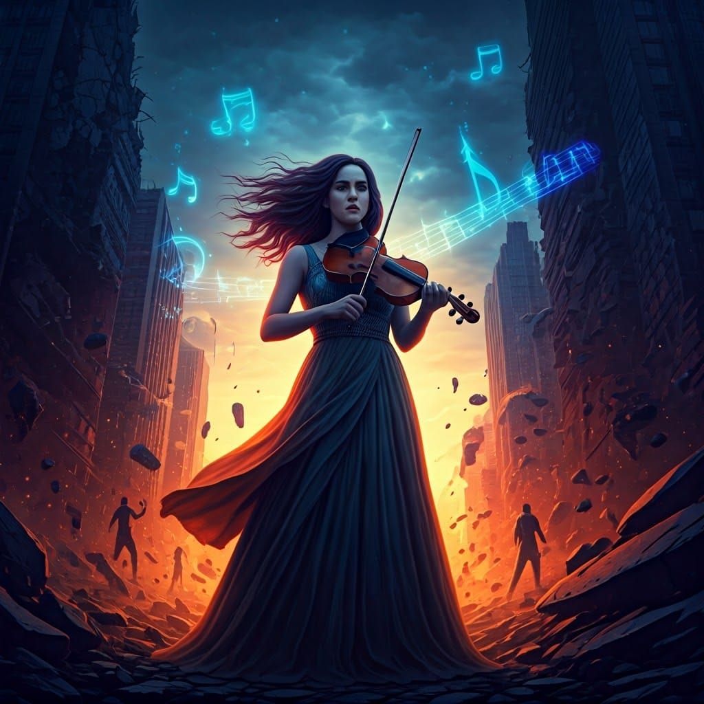 Violinist in Apocalyptic Cityscape: Dramatic Photorealism