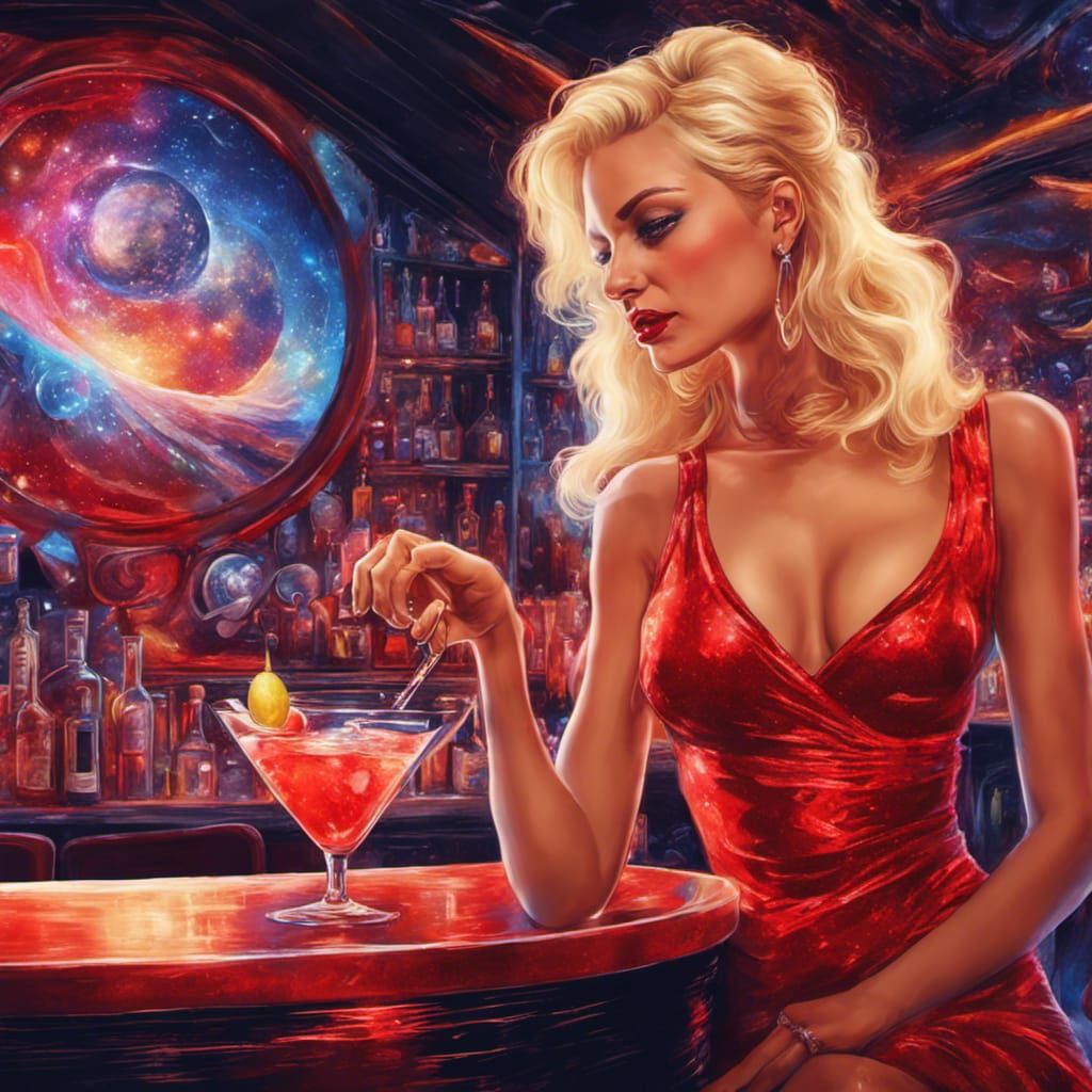 Blonde Woman at Jazz Bar: Holographic Astral Illustration