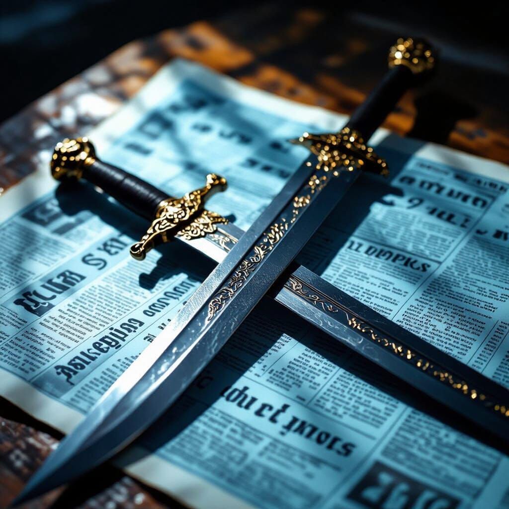 Curved Sword on Blue Paper