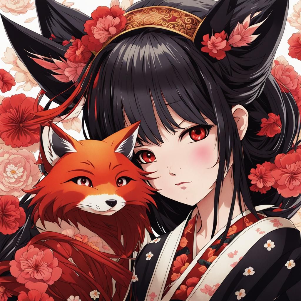 Woman in Kimono and Kitsune Mask: Anime Style