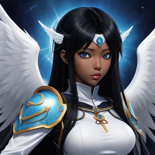 Blue Skinned Black Haired Angel in Anime Style