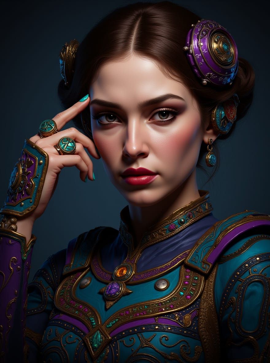 Beautiful Woman in Detailed Clothing & Futuristic Jewelry