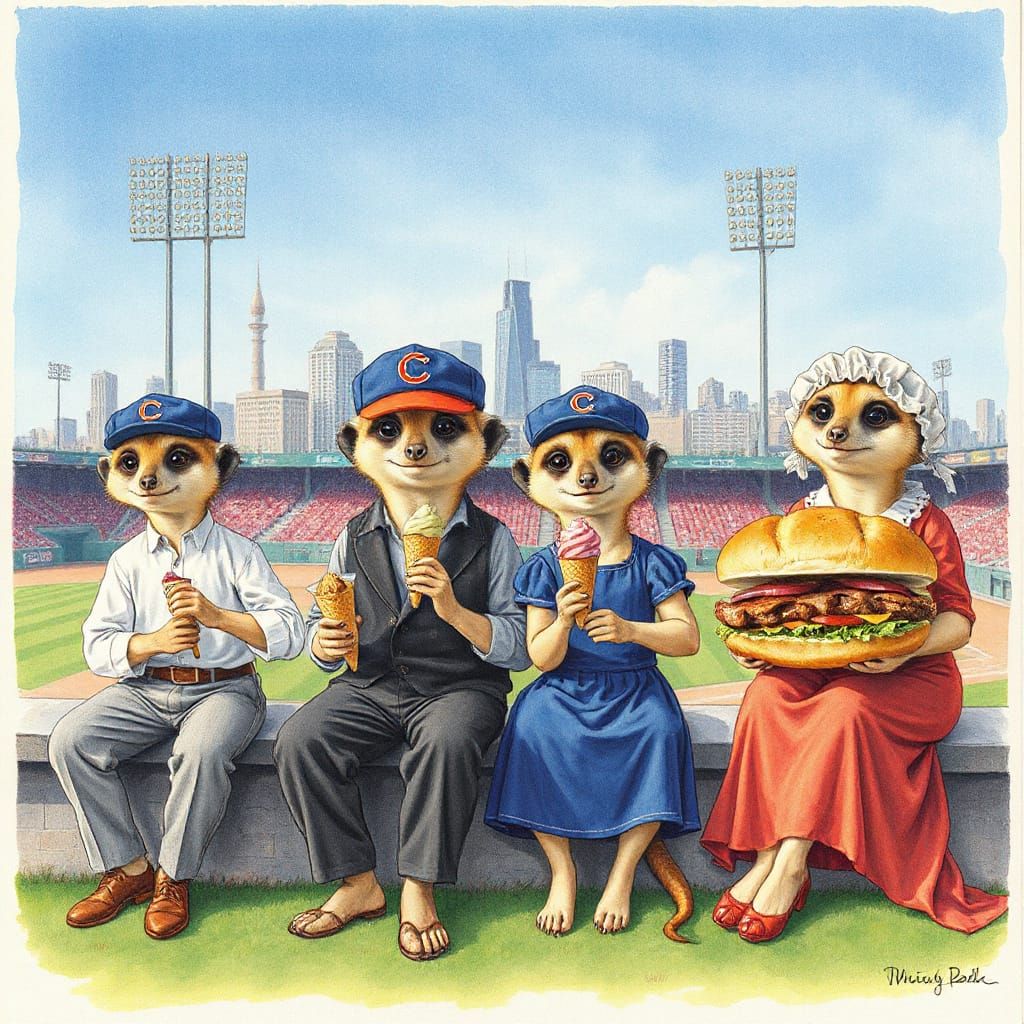 Meerkat Family at Baseball Game in Storybook Style