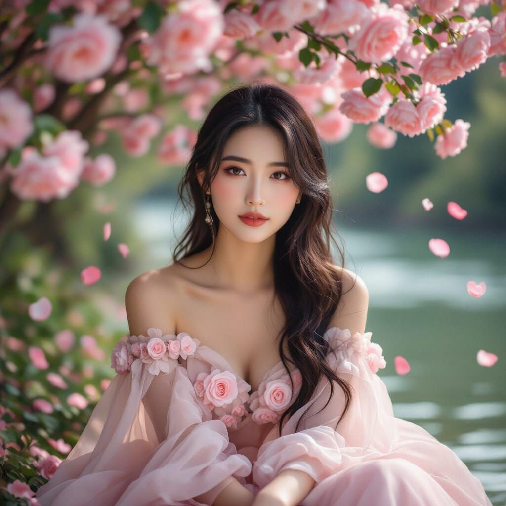 East Asian Woman Beneath Rose Tree in Digital Art