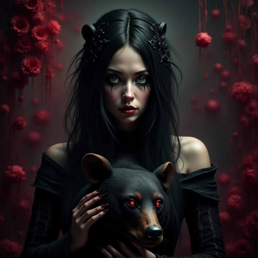 Goth Woman with Dark Hair and Crimson-Eyed Bear in a Mysteri...