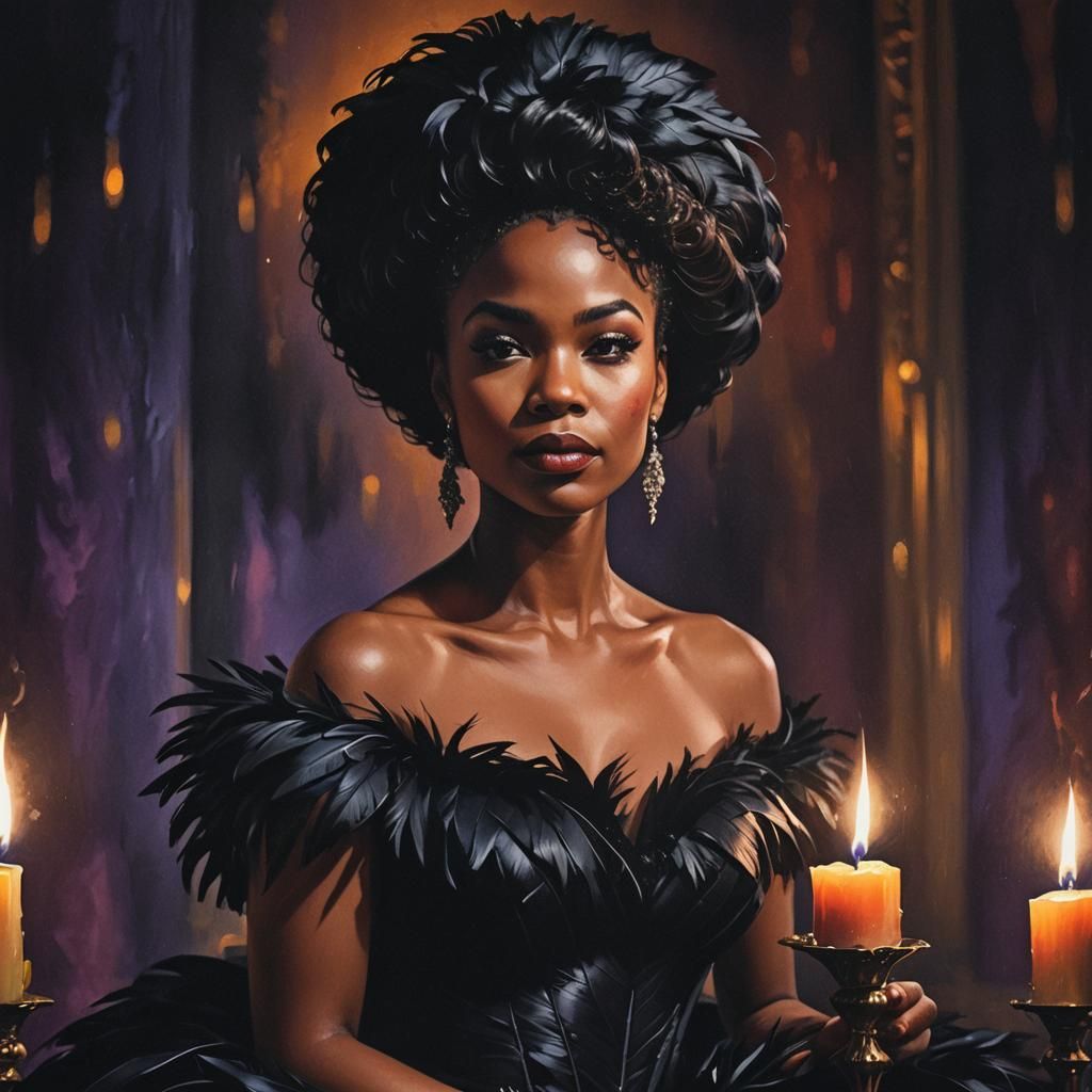 High Fashion Black Feather Ballgown in Splash Art