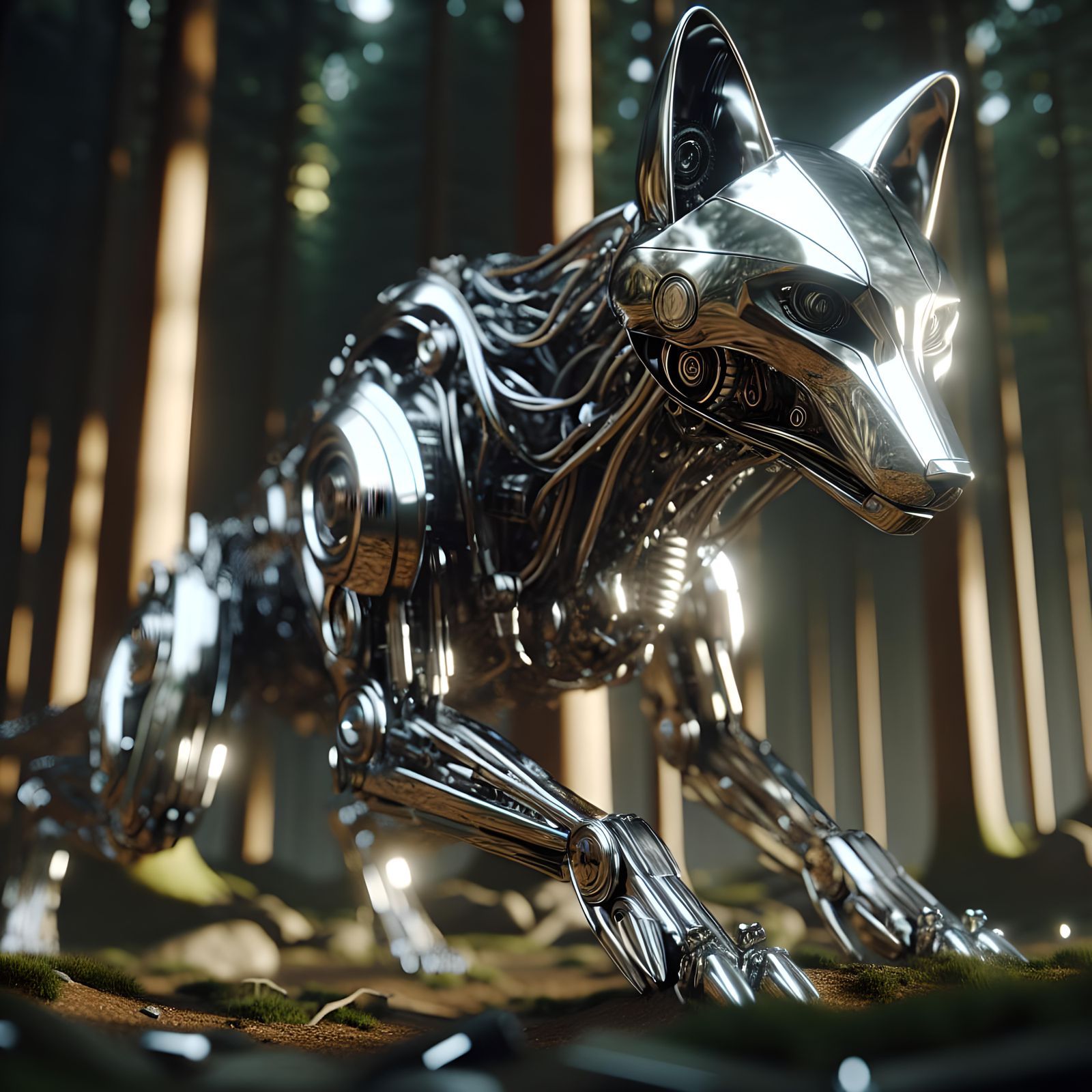 Chrome Cybernetic Fox in Forest Scene