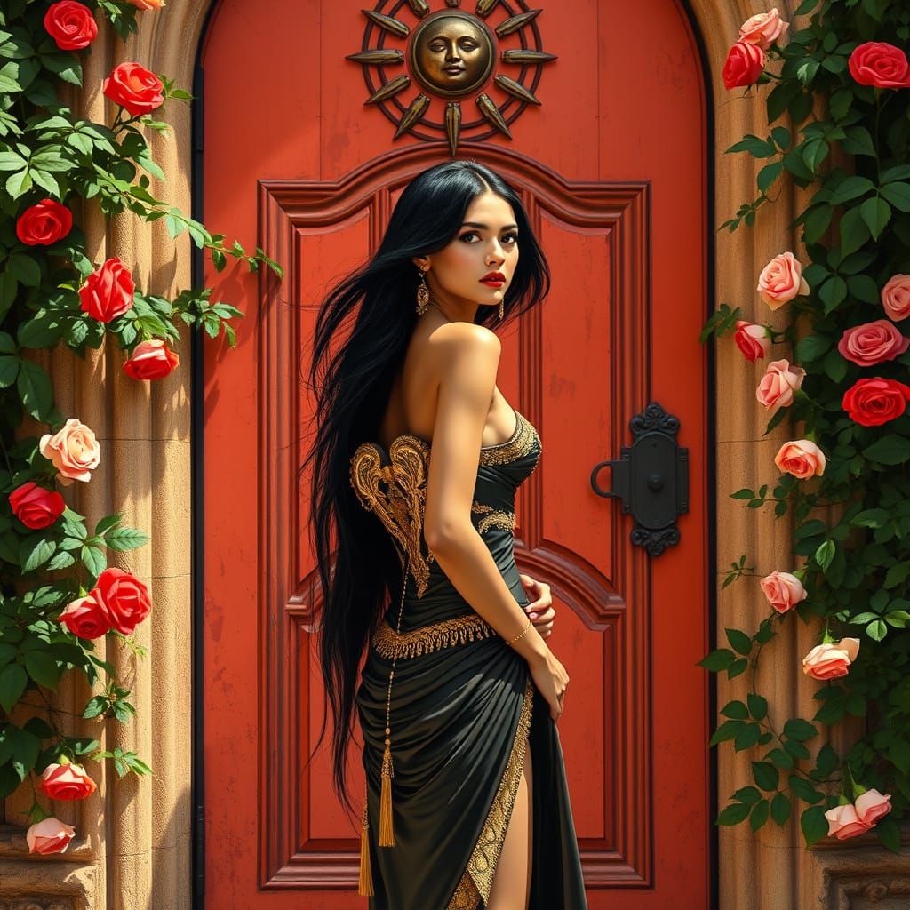 Elegant Latina Woman Before a Vibrant Red-Orange Door in a W...