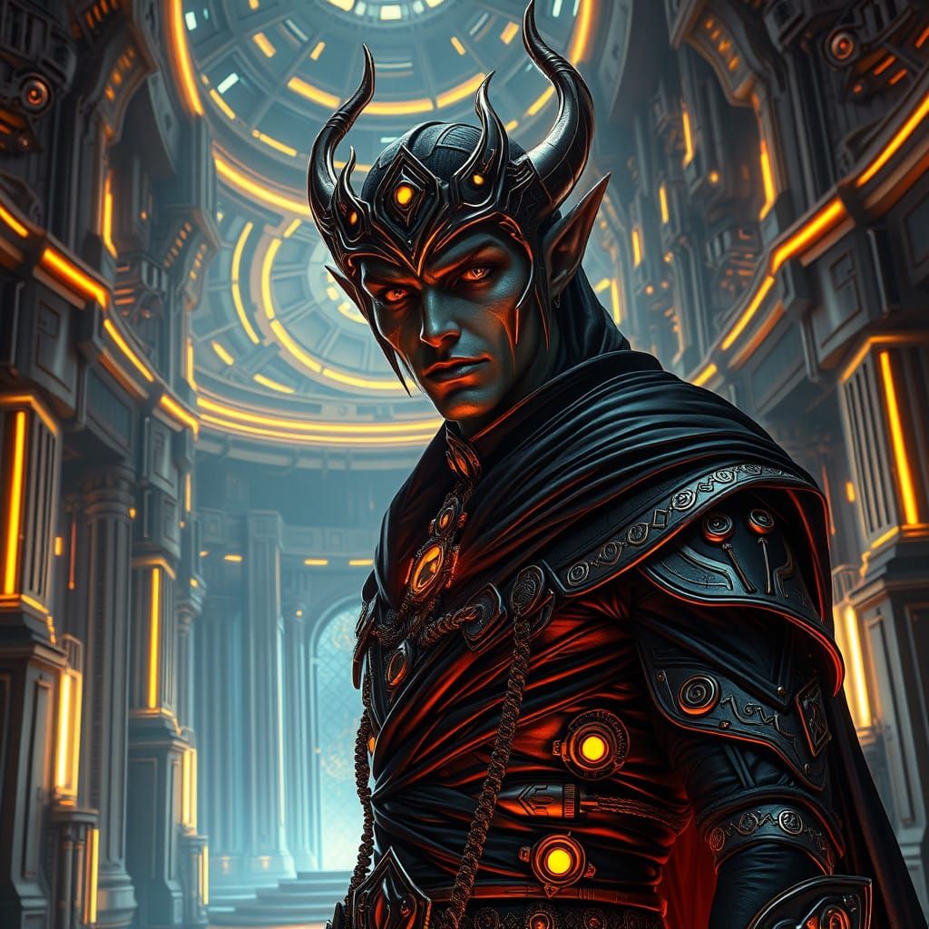 Dark Elf Warlock in Futuristic Tolkien Fantasy Robes