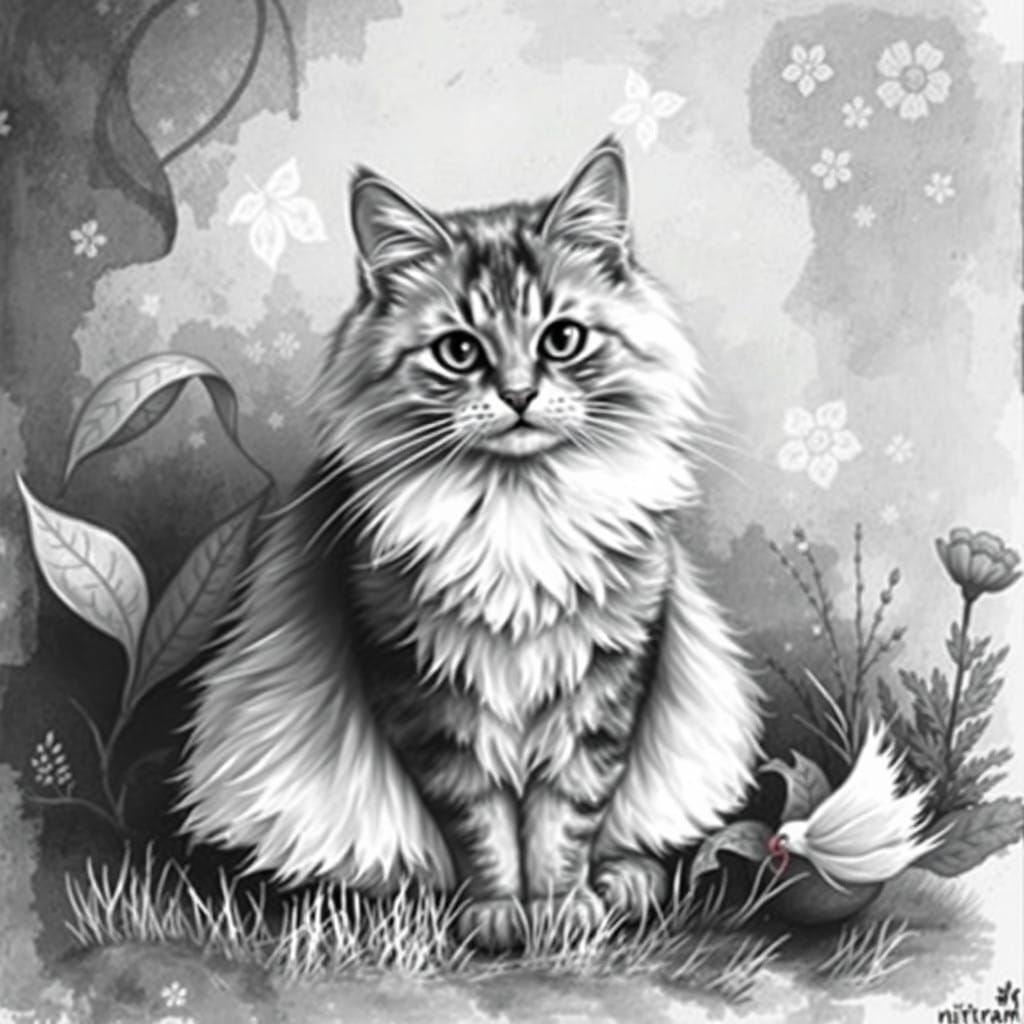 Elegant Cat in Whimsical Garden Setting