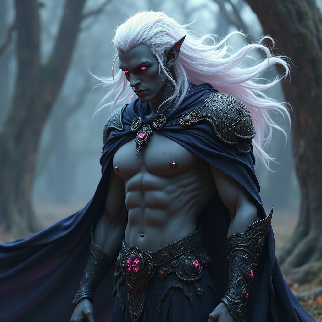 Male Drow, High Magician, wearing a torn cloak, Long White H...