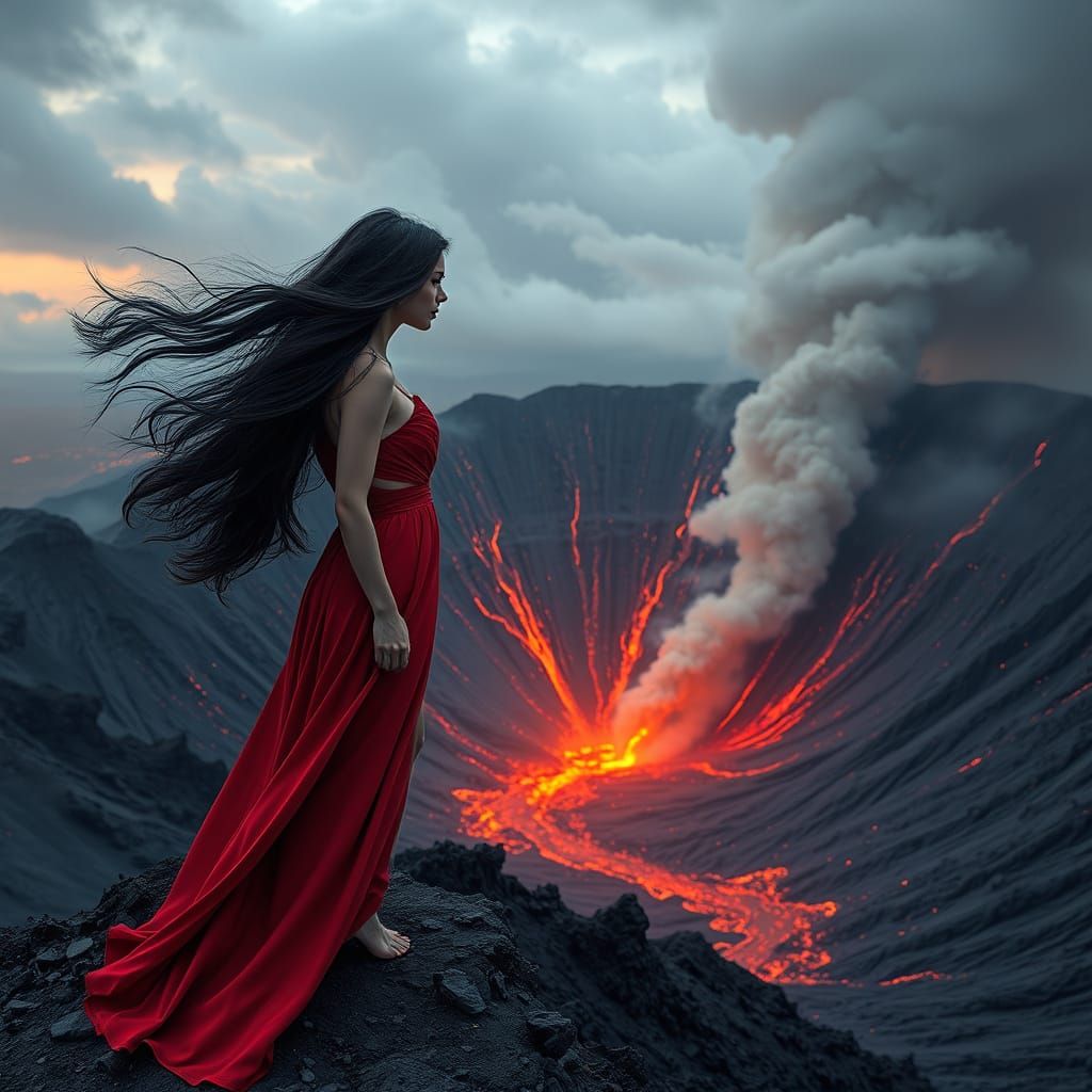 Volcanic Beauty: Woman on the Edge, Hyperrealistic Style