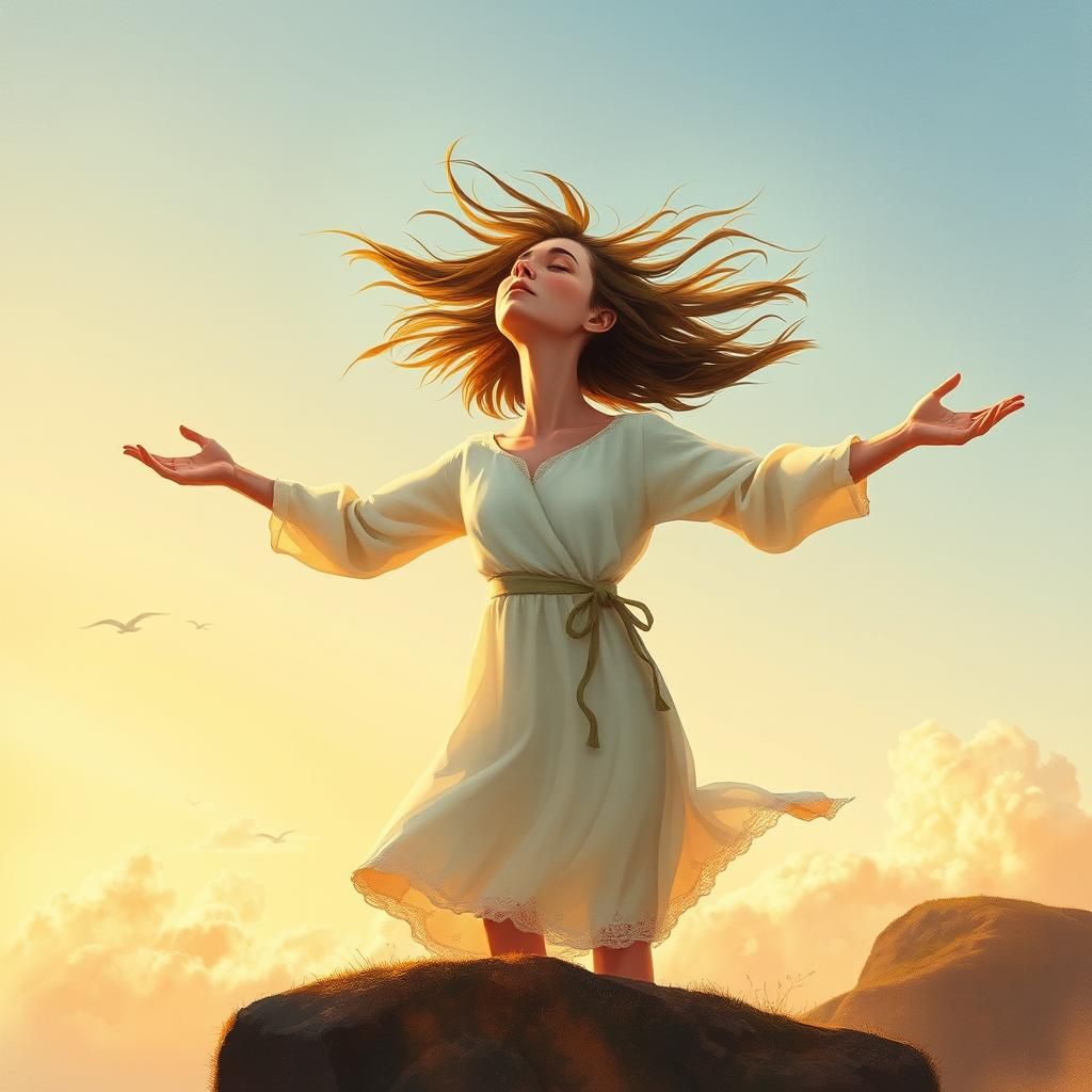 Woman Embraces Freedom in Ethereal Watercolor Landscape