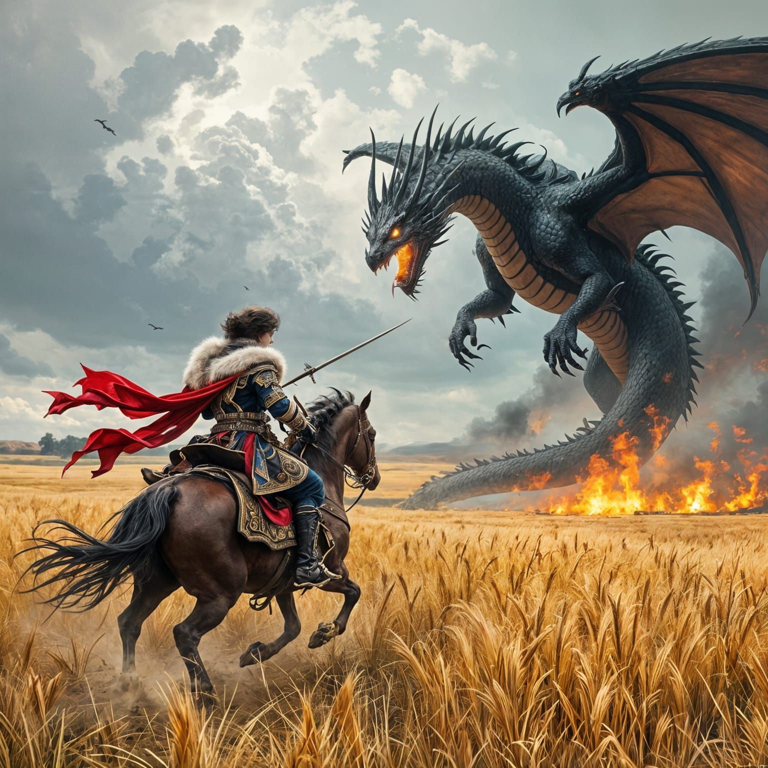 Ukrainian Cossack Battles Fiery Dragon in Epic Landscape