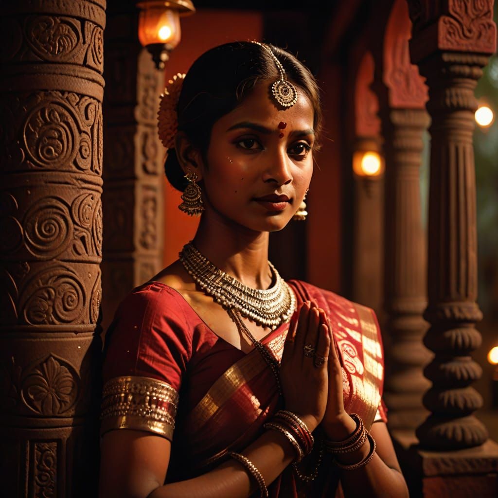 Odissi Dancer in Crimson and Silver, Softly Lit