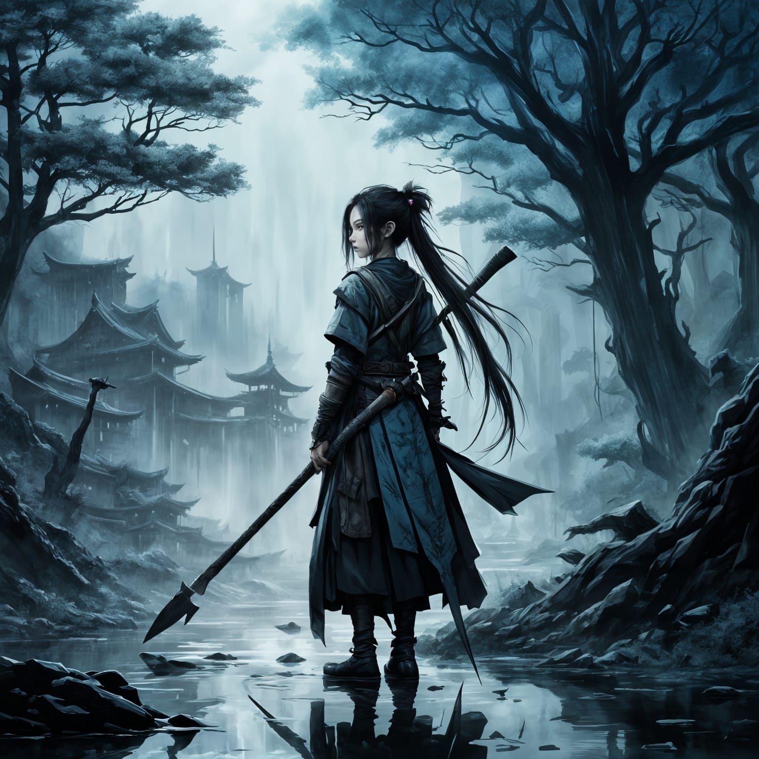 Brooding Punk Elf Warrior in Sumi-e Ink Style