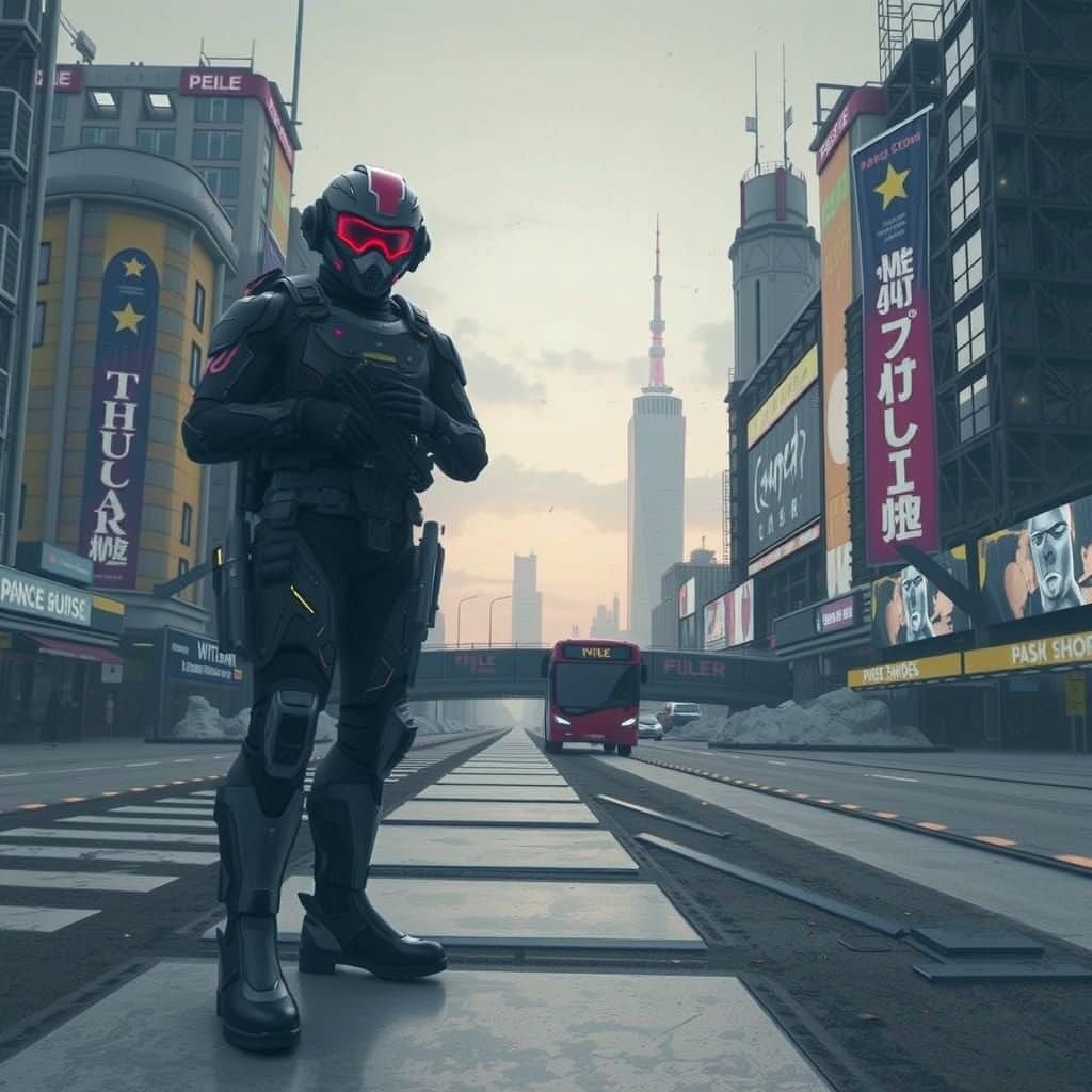 Future Tech Soldier in High-Tech Exosuit Illuminated by Neon...