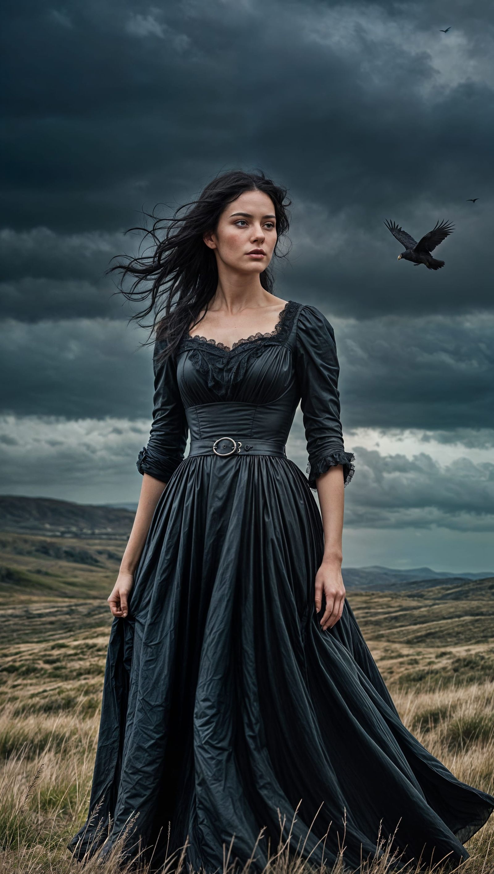 Brooding Woman on Windswept Moor