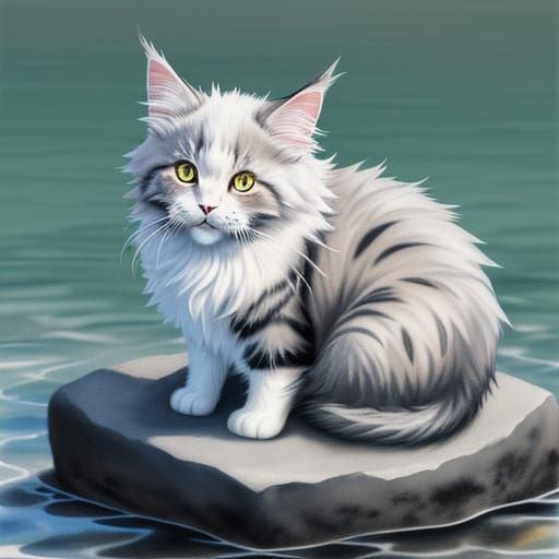 Maine Coon Kitten in Anime Watercolor Style