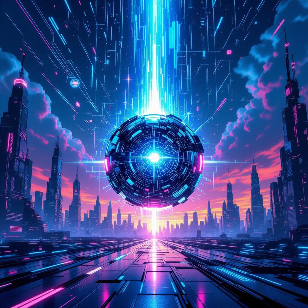 Radiant Data Core in Futuristic Cityscape