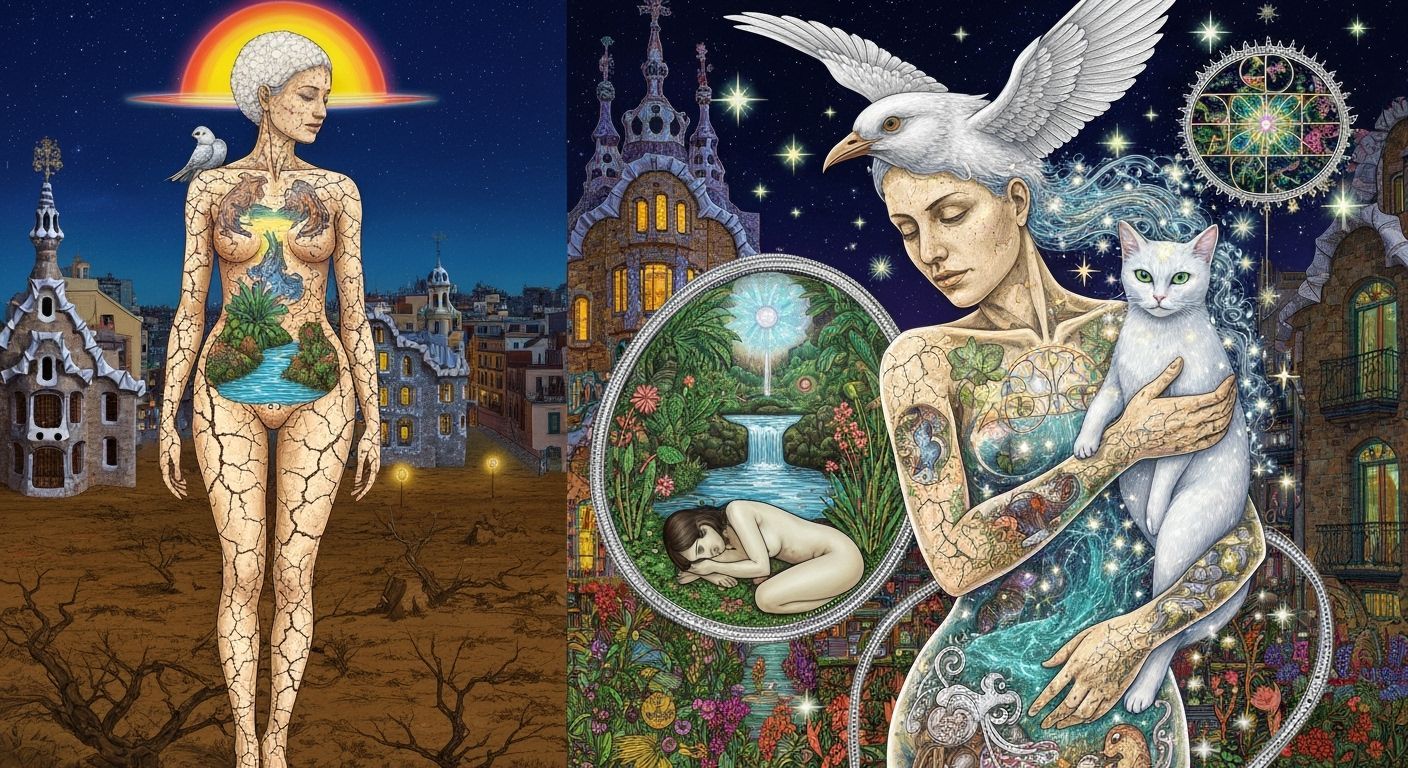 Ethereal Woman Carrying Birds in Dreamlike Nature Mindscape