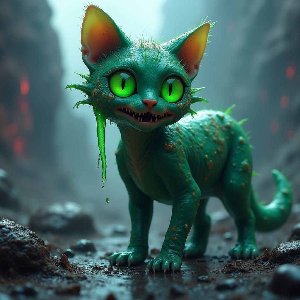 Biohazard Toxic Slime Cat in Alien Landscape
