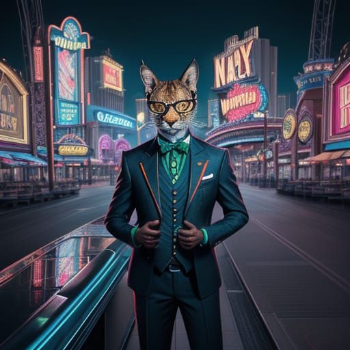 Anthropomorphic gambling Lynx in Las Vegas Hyperrealistic, splash art, concept art, mid shot, intricately detailed, colo...