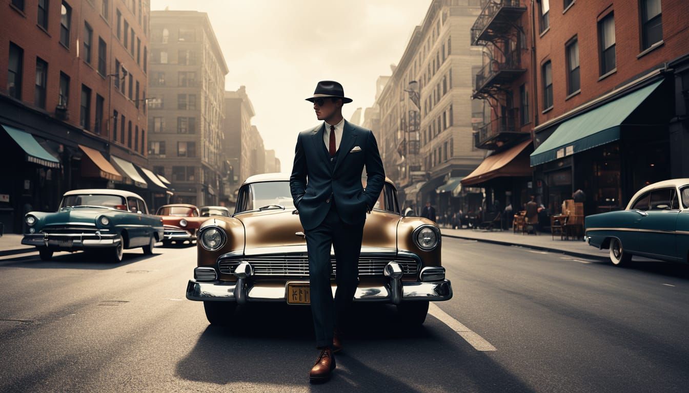 1950s Fashion Man in Noir-Inspired Urban Scene