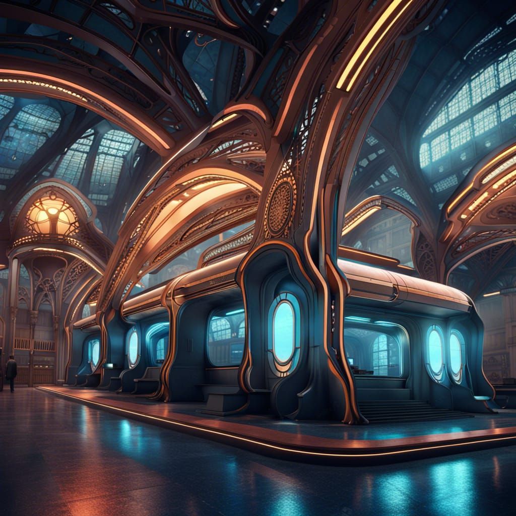 Futuristic Art Nouveau Train Station in 3D