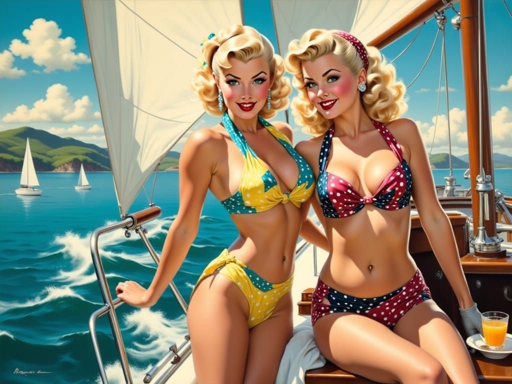 Vibrant 50s Retro Pinup Art of Sailboat Sunbathing Beauties