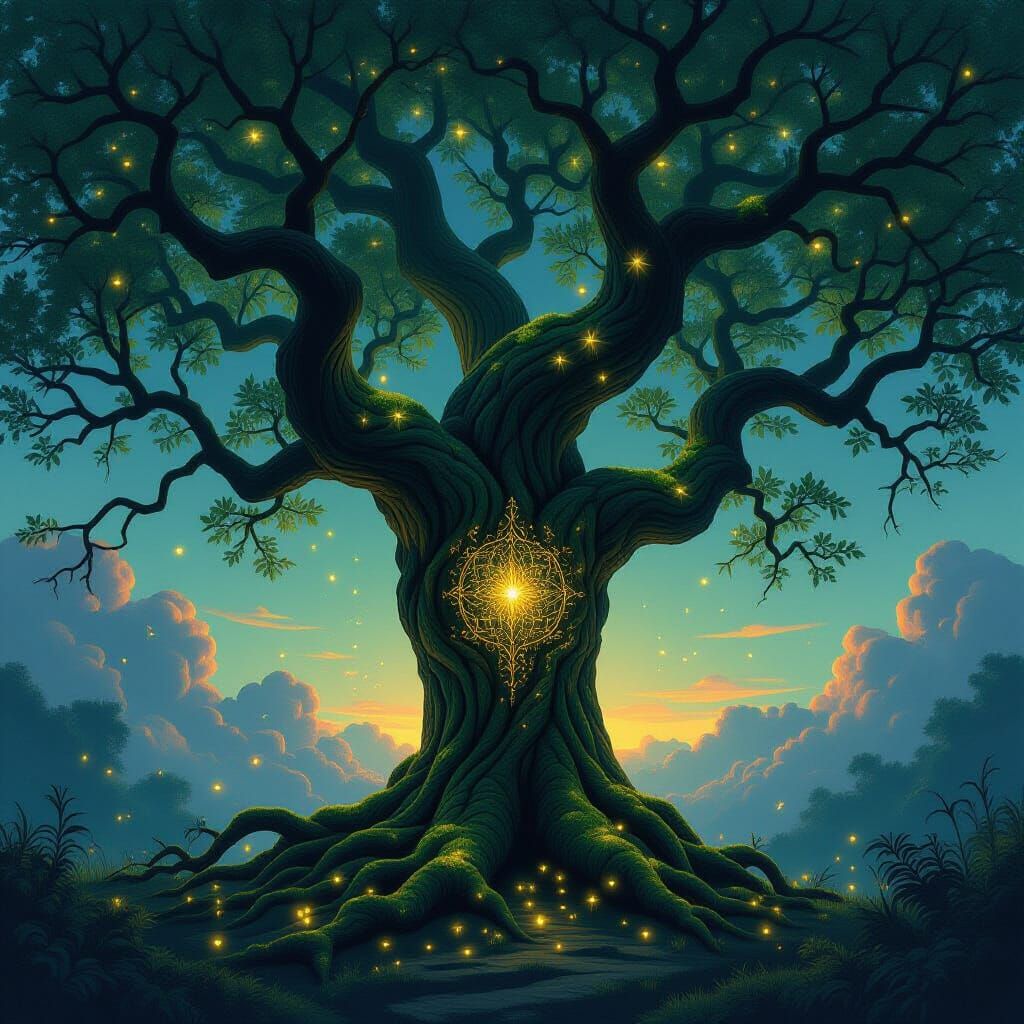 Ancient Tree with Celestial Patterns in Twilight Sky