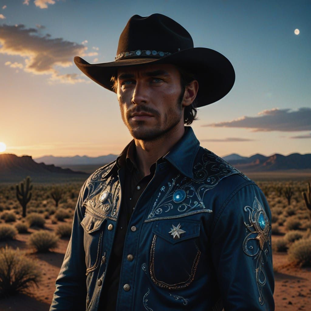 Hyperrealistic Cowboy Vigilante Poses in Dramatic Desert