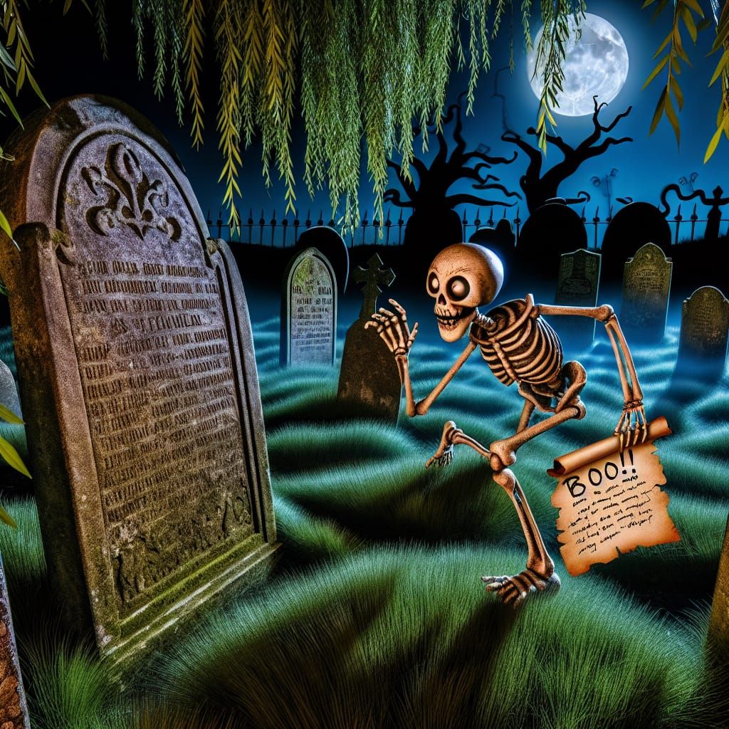 Humorous Skeleton's Eerie Graveyard Quest for 'Boo'