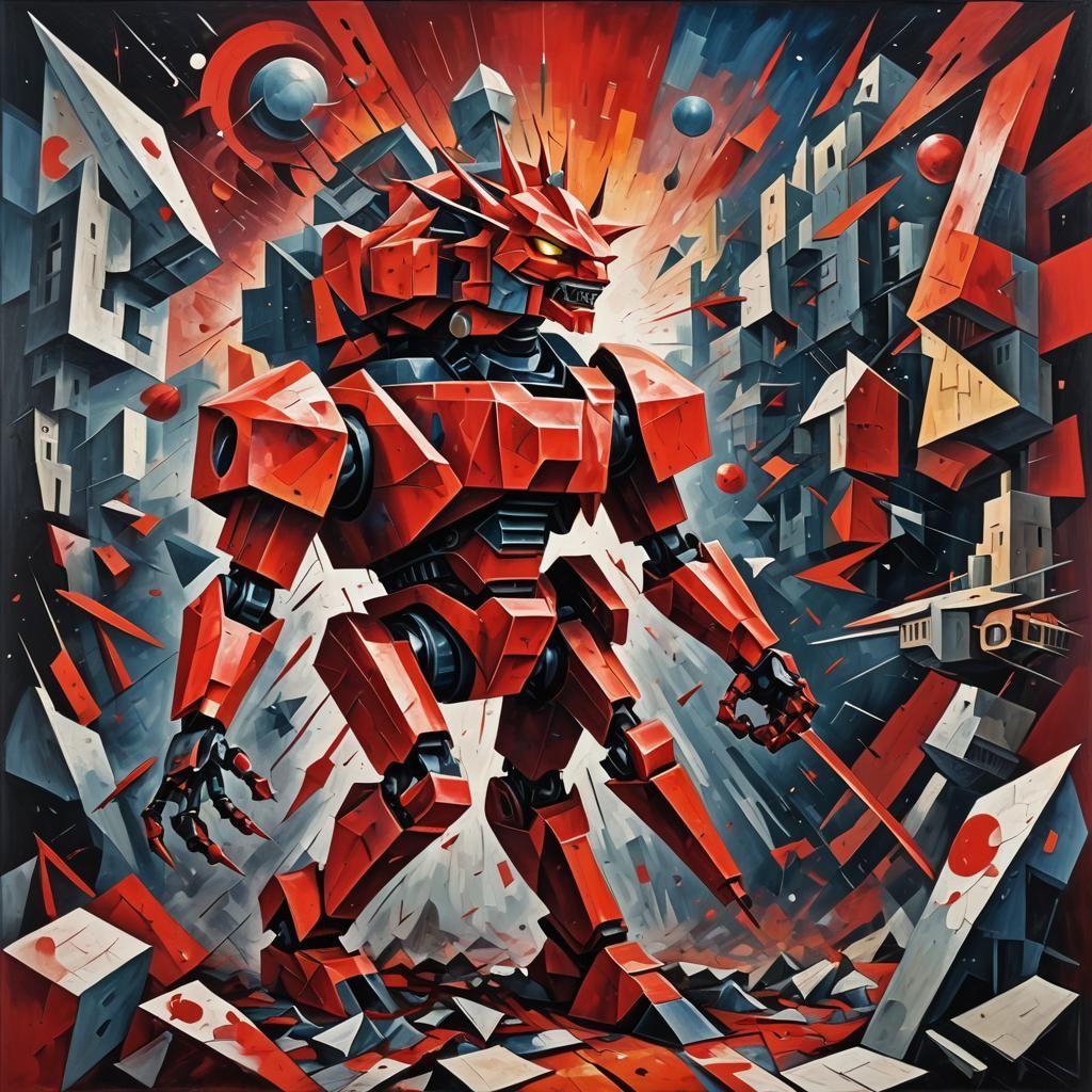 Robotic Lion in Wasteland Battle: Abstract Cubism Style