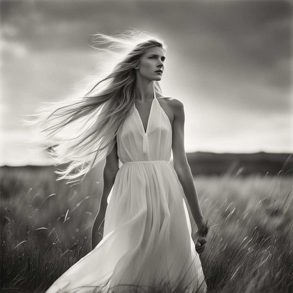 Black and White Photo of Woman in Wind