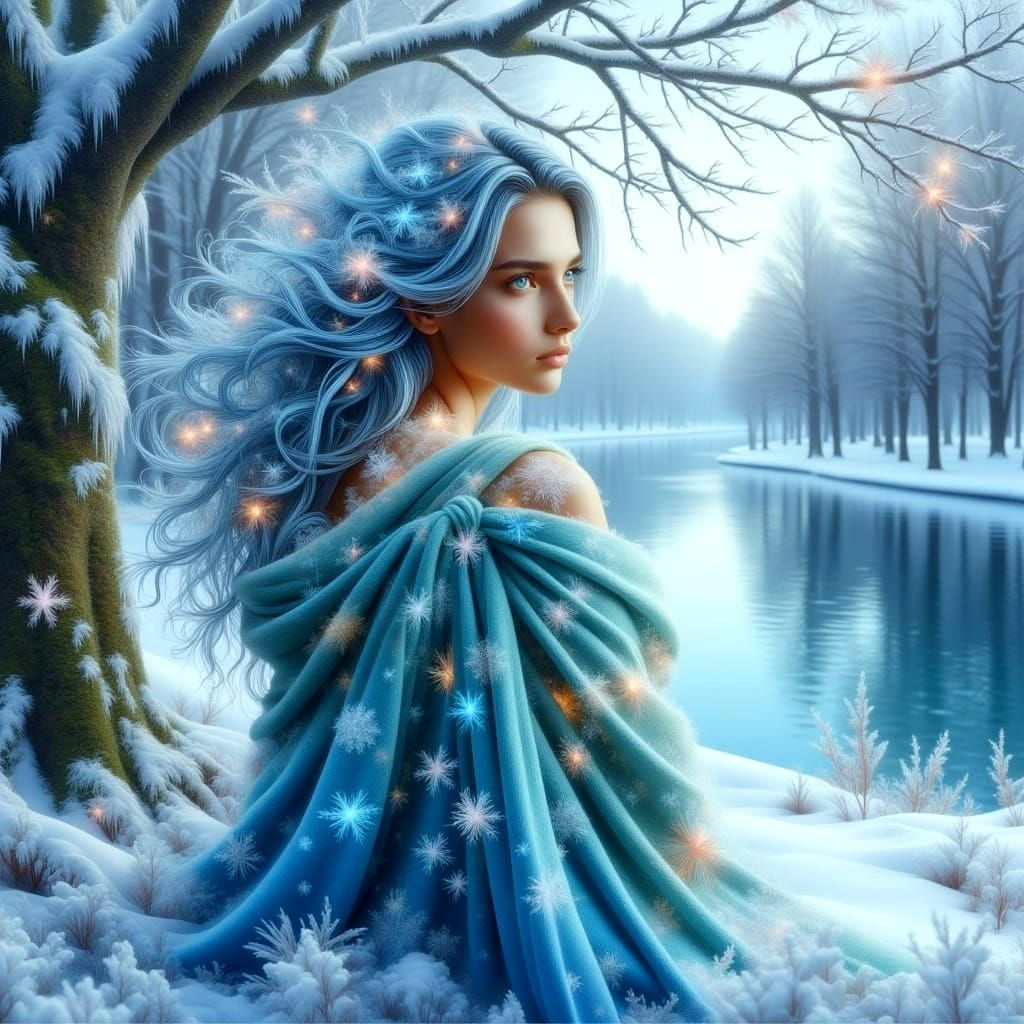 Ethereal Winter Goddess with Glowing Snowflakes and Aquamari...