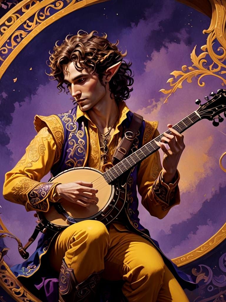 Half-Elf Bard with Banjo: Detailed Fantasy Art