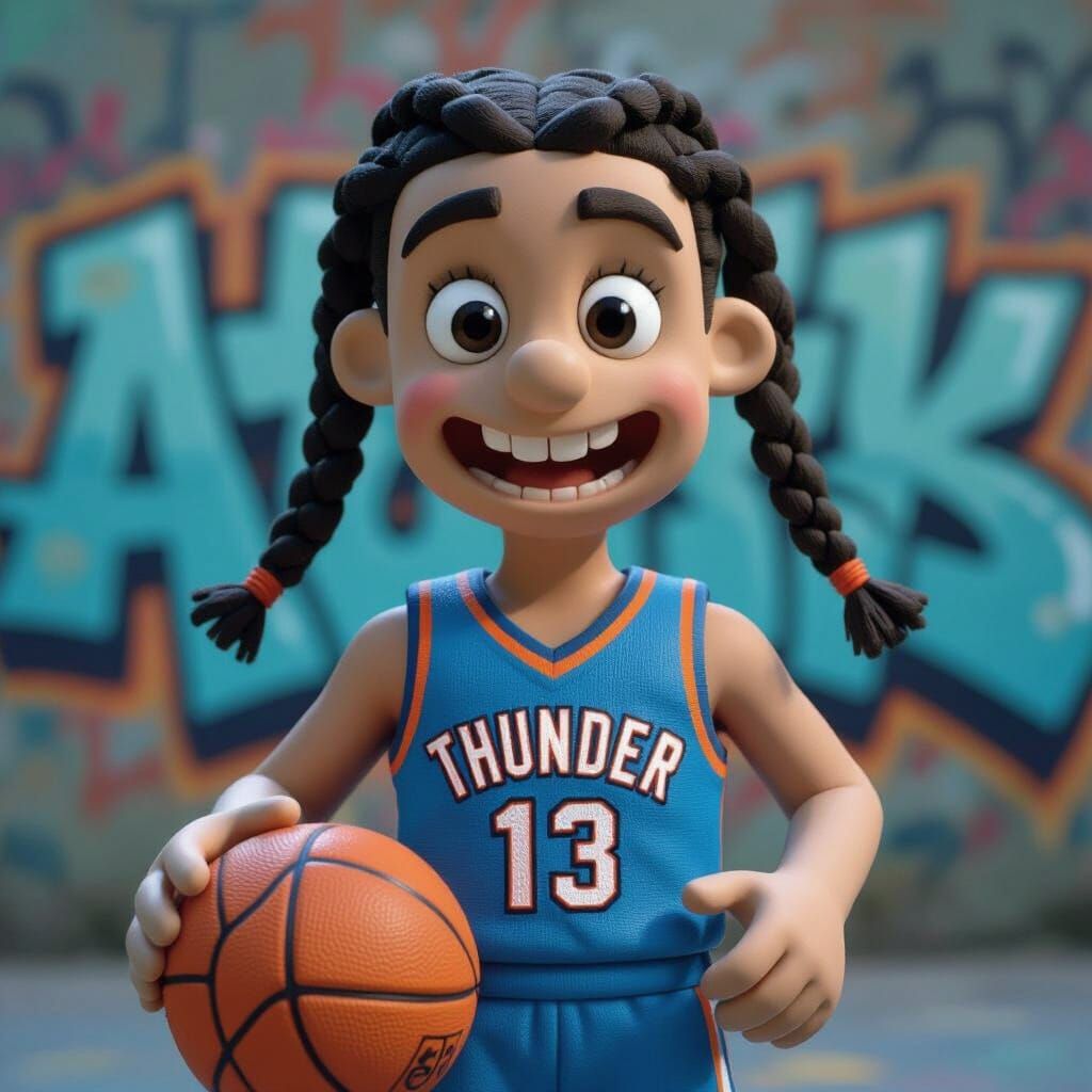 Claymation Boy in Thunder Jersey Holding Basketball