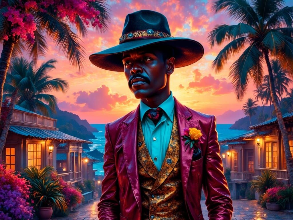 Cyberpunk Gentleman in Vibrant Sunset Ceremony Clothes