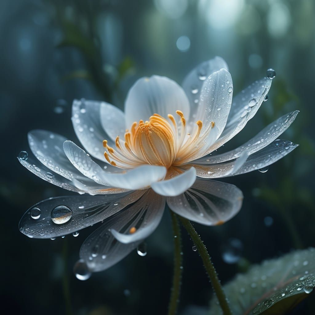 Delicate Water Droplets on a Translucent Flower